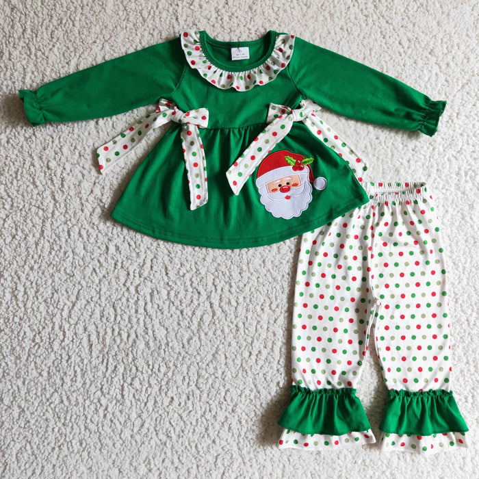 GLP0163 Santa Embroidery Green Tunic Top Dots Ruffle Pants Girls Christmas Clothes Set