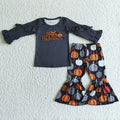 GLP0178 Ruffle Black Top Pumpkin Bell Pants Girls Halloween Clothes Set