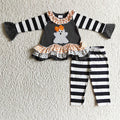GLP0180 Ghost Embroidery Ruffle Tunic Top Stripes Legging Pants Girls Halloween Clothes Set