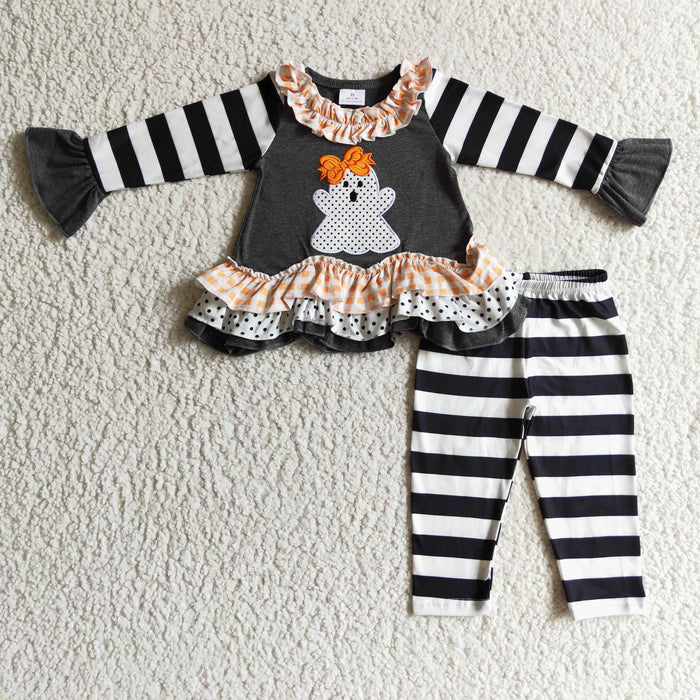 GLP0180 Ghost Embroidery Ruffle Tunic Top Stripes Legging Pants Girls Halloween Clothes Set
