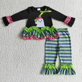 GLP0182 Ghost Embroidery Ruffle Top Stripes Pants Girls Halloween Clothes Set