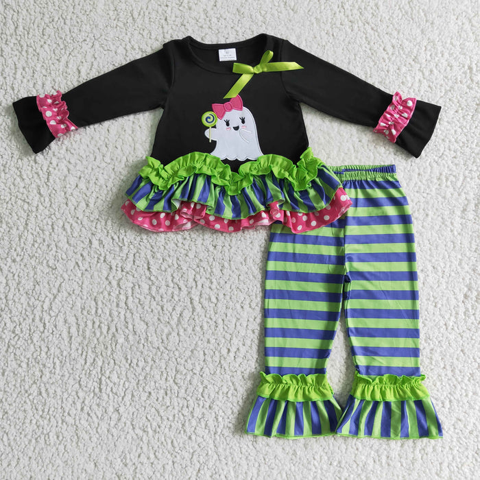 GLP0182 Ghost Embroidery Ruffle Top Stripes Pants Girls Halloween Clothes Set