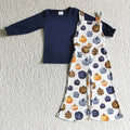 GLP0183 Navy Top Pumpkin Overall Jumpsuits Girls Fall Clothes Set