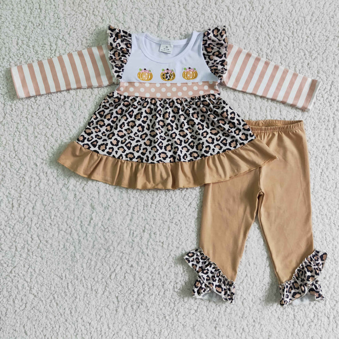 GLP0184 Pumpkin Leopard Tunic Top Legging Pants Girls Fall Clothes Set