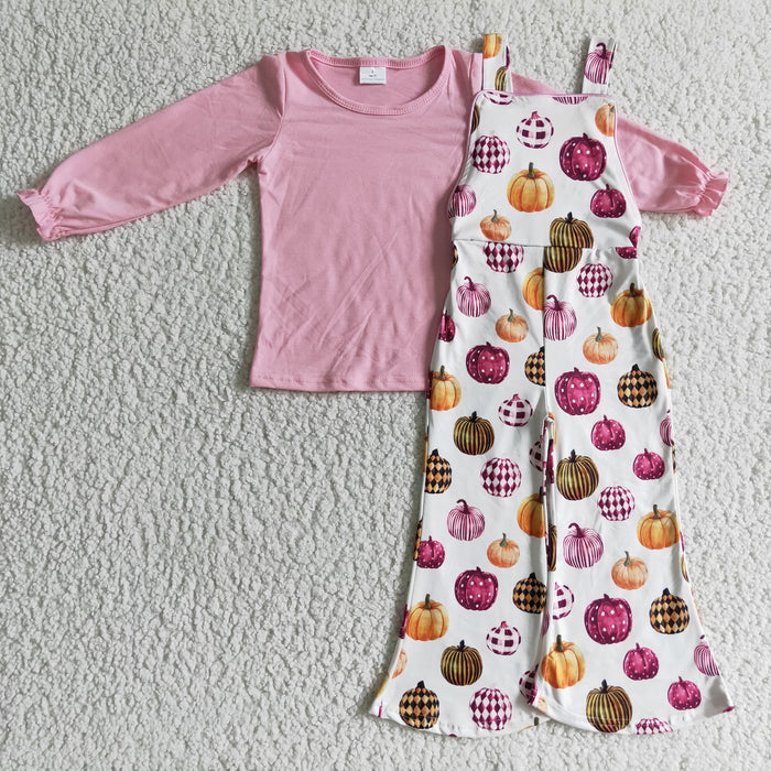 GLP0188 Pink Top Pumpkin Overall Jumpsuits Girls Fall Clothes Set