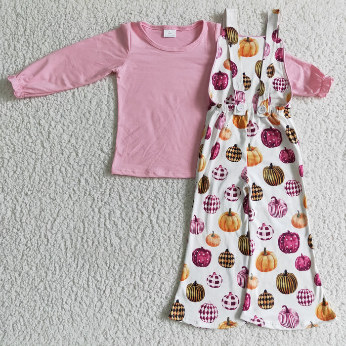 GLP0188 Pink Top Pumpkin Overall Jumpsuits Girls Fall Clothes Set