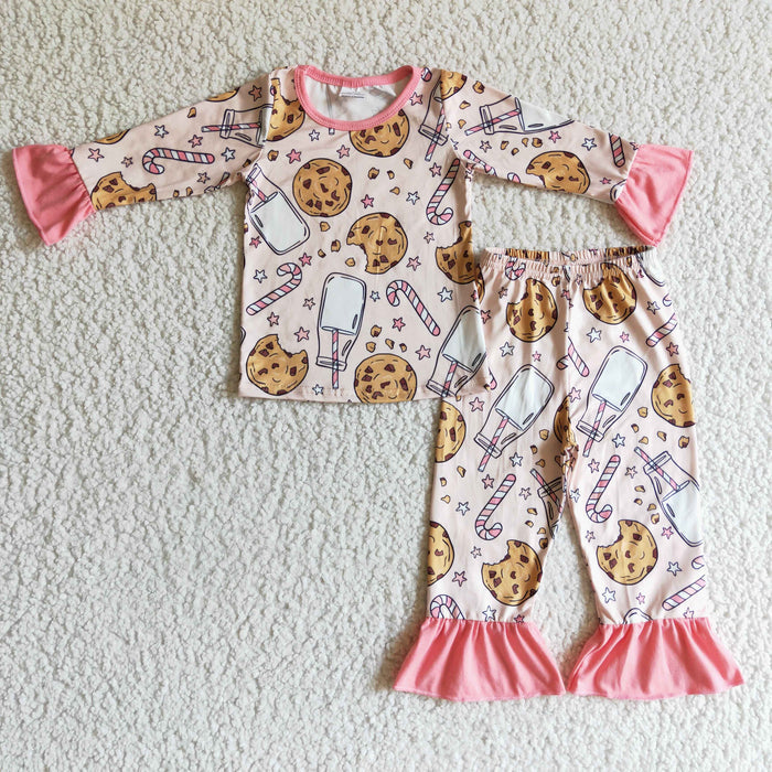 GLP0189 Cookies Milk Candy Cane Print Girls Christmas Pajamas Clothes Set