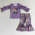 GLP0190 Witch Purple Ruffle Top Bell Pants Girls Halloween Clothes Set