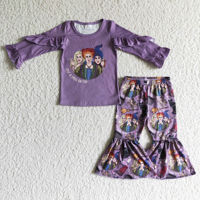 GLP0190 Witch Purple Ruffle Top Bell Pants Girls Halloween Clothes Set