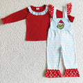 GLP0192 Red Top Green Frog Stripes Overall Jumpsuits Girls Christmas Clothes Set