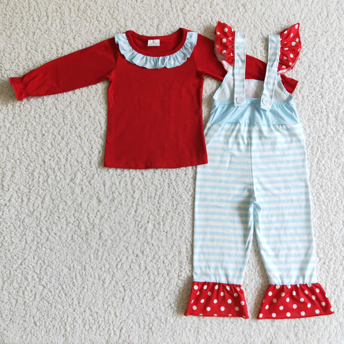 GLP0192 Red Top Green Frog Stripes Overall Jumpsuits Girls Christmas Clothes Set