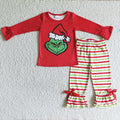 GLP0193 Green Frog Red Top Stripes Pants Girls Christmas Clothes Set