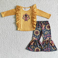 GLP0201 Turkey Ruffle Top Sunflowers Bell Pants Girls Thanksgiving Clothes Set