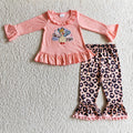 GLP0203 Turkey Embroidery Pink Ruffle Top Leopard Pompom Pants Girls Thanksgiving Clothes Set
