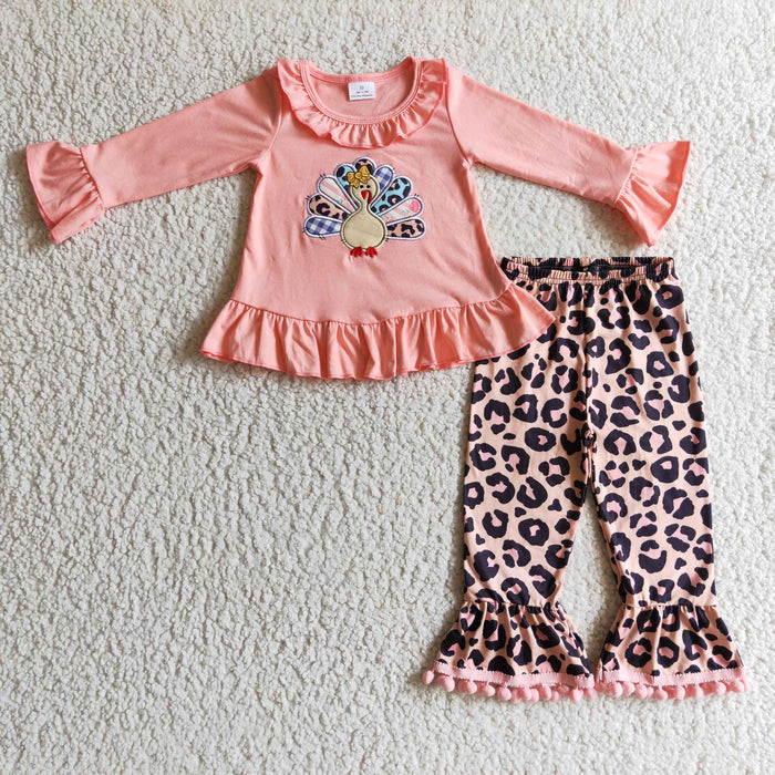 GLP0203 Turkey Embroidery Pink Ruffle Top Leopard Pompom Pants Girls Thanksgiving Clothes Set