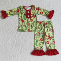 GLP0204 Green Frog Print Girls Christmas Pajamas Clothes Set