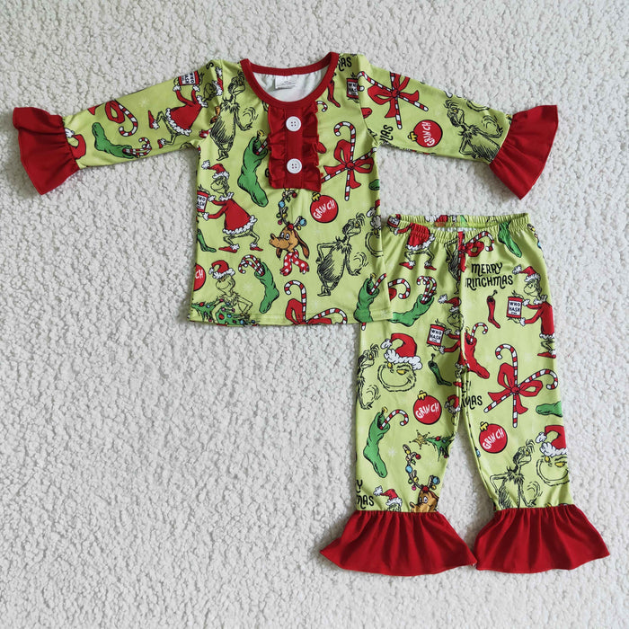 GLP0204 Green Frog Print Girls Christmas Pajamas Clothes Set