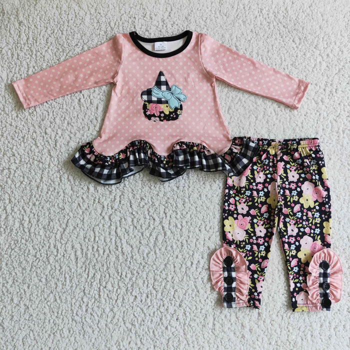 GLP0205 Witch Pumpkin Ruffle Tunic Top Flowers Legging Pants Girls Halloween Clothes Set