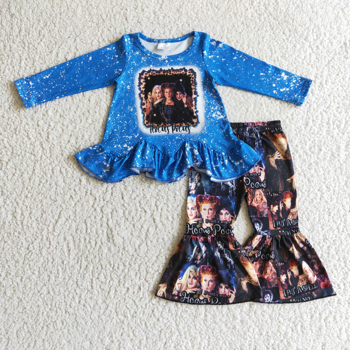 GLP0206 Witch Blue Ruffle Top Bell Pants Girls Halloween Clothes Set