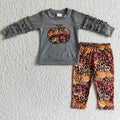 GLP0210 Pumpkin Embroidery Grey Ruffle Top Leopard Legging Pants Girls Fall Clothes Set
