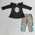 GLP0211 Turkey Embroidery Black Top Leopard Cross Pants Girls Thanksgiving Clothes Set