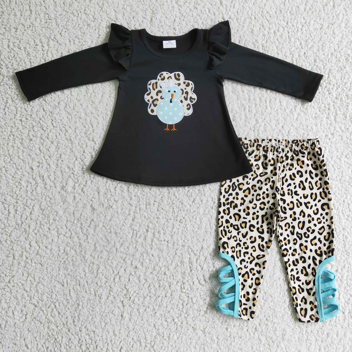 GLP0211 Turkey Embroidery Black Top Leopard Cross Pants Girls Thanksgiving Clothes Set
