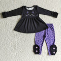GLP0212 Cat Black Tunic Top Purple Leopard Pants Girls Halloween Clothes Set