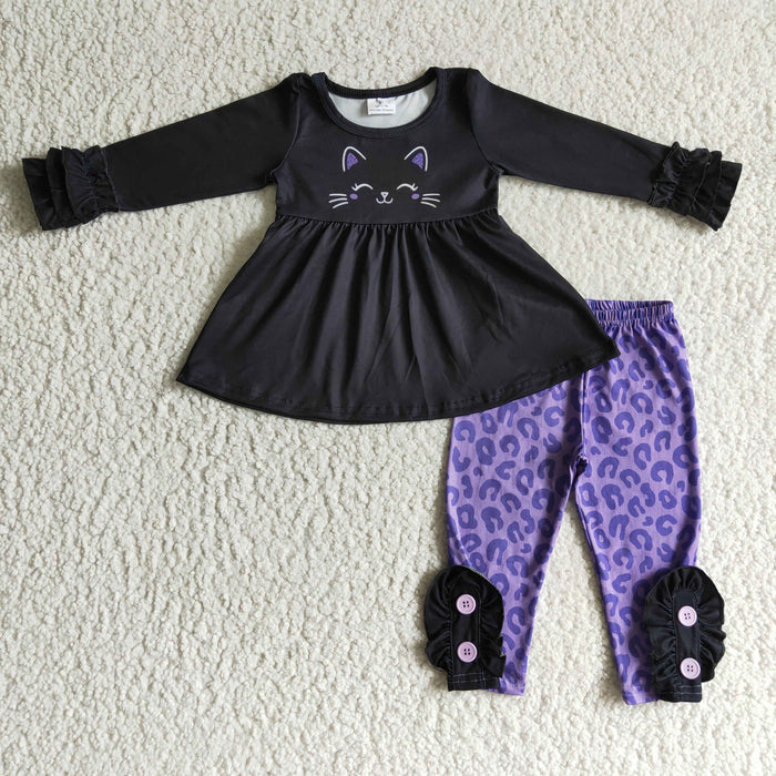 GLP0212 Cat Black Tunic Top Purple Leopard Pants Girls Halloween Clothes Set