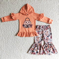 GLP0213 Pumpkin Flowers Hoodie Top Bell Pants Girls Halloween Clothes Set