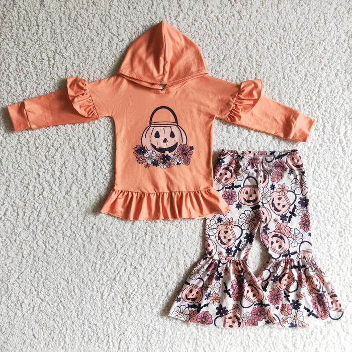 GLP0213 Pumpkin Flowers Hoodie Top Bell Pants Girls Halloween Clothes Set