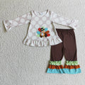GLP0219 Turkey Embroidery Dots Top Brown Ruffle Pants Girls Thanksgiving Clothes Set