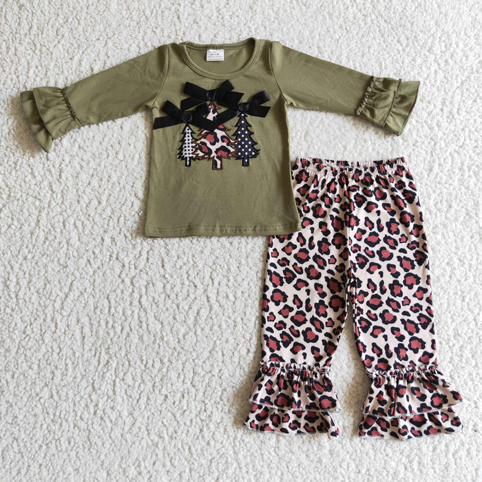 GLP0231 Treen Embroidery Green Top Leopard Ruffle Pants Girls Christmas Clothes Set