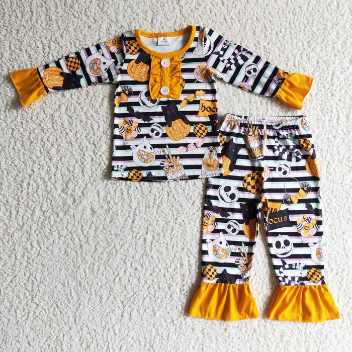 GLP0238 Nightmar* Pumpkin Stripes Print Girls Halloween Pajamas Clothes Set
