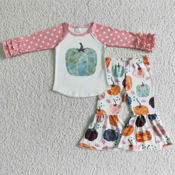 GLP0240 Pumpkin Pink Dots Top Bell Pants Girls Fall Clothes Set