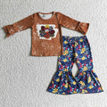 GLP0241 Turkey Brown Top Flowers Bell Pants Girls Thanksgiving Clothes Set