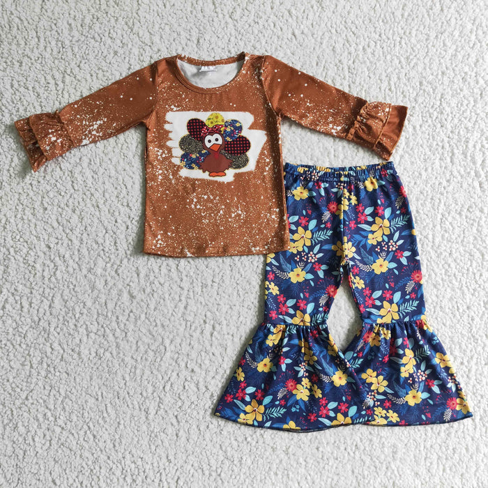 GLP0241 Turkey Brown Top Flowers Bell Pants Girls Thanksgiving Clothes Set