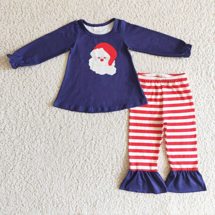 GLP0249 Santa Navy Top Stripes Pants Girls Christmas Clothes Set