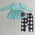 GLP0252 Pumpkin Blue Top Plaid Legging Pants Girls Fall Clothes Set