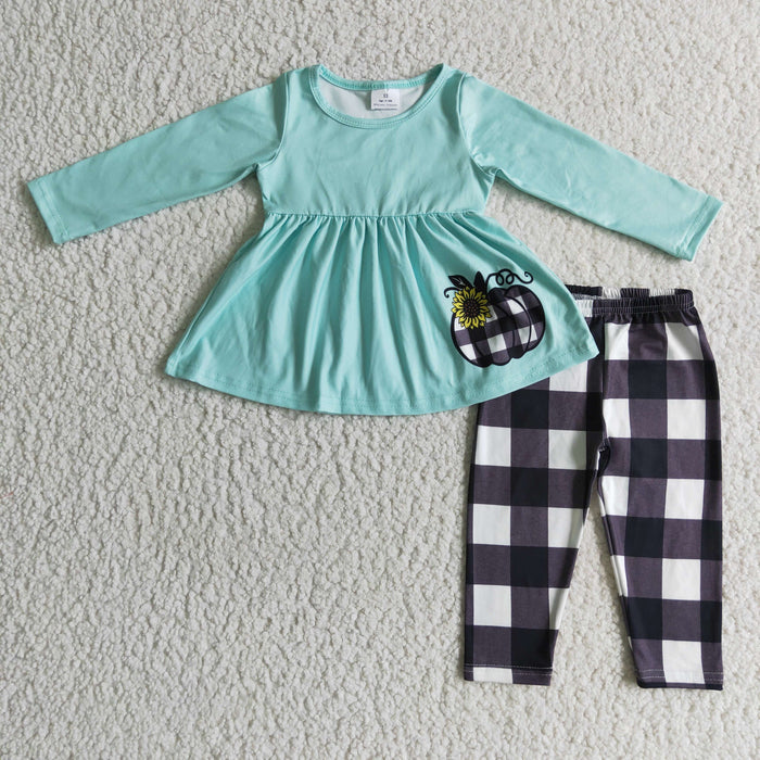 GLP0252 Pumpkin Blue Top Plaid Legging Pants Girls Fall Clothes Set