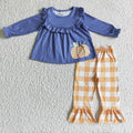 GLP0253 Pumpkin Blue Top Orange Plaid Pants Girls Fall Clothes Set