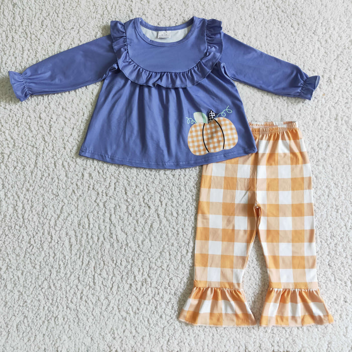 GLP0253 Pumpkin Blue Top Orange Plaid Pants Girls Fall Clothes Set