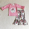 GLP0257 Santa Pink Top Leopard Bell Pants Girls Christmas Clothes Set