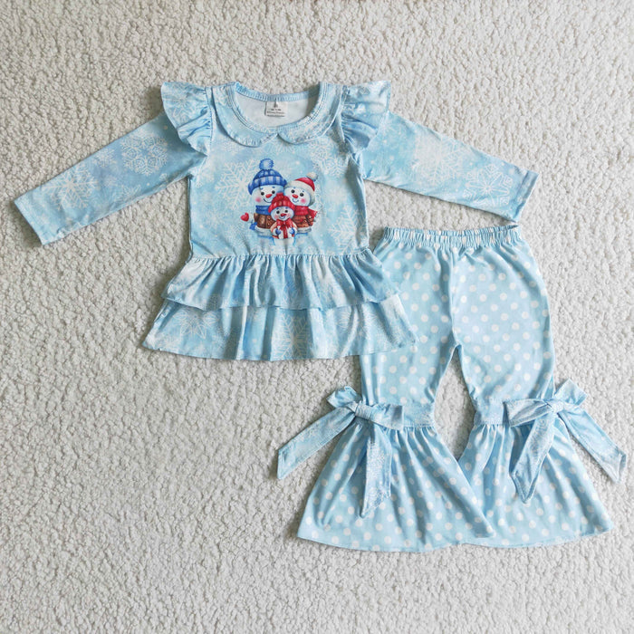 GLP0261 Snowman Snowflake Ruffle Top Bell Pants Girls Christmas Clothes Set