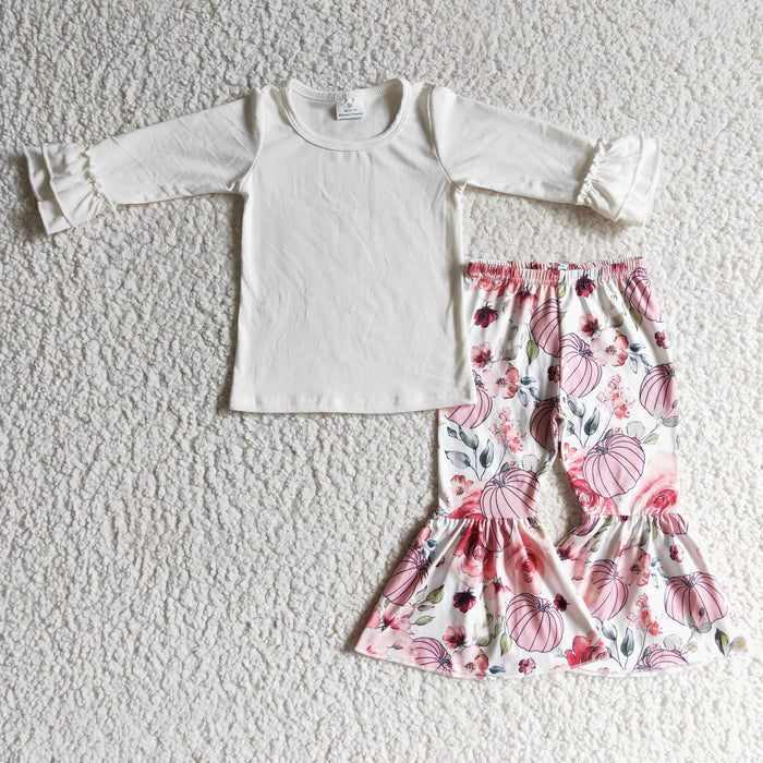 GLP0264 White Top Pumpkin Bell Pants Girls Fall Clothes Set