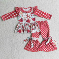 GLP0269 Santa Candy Cane Red Dots Print Ruffle Top Bell Pants Girls Christmas Clothes Set