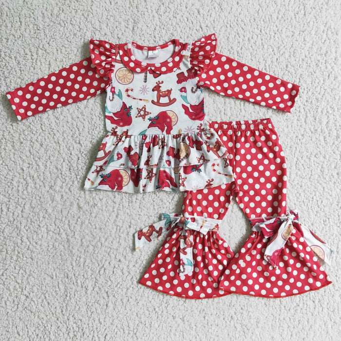 GLP0269 Santa Candy Cane Red Dots Print Ruffle Top Bell Pants Girls Christmas Clothes Set