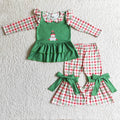 GLP0270 Snowman Checkered Print Ruffle Top Bell Pants Girls Christmas Clothes Set