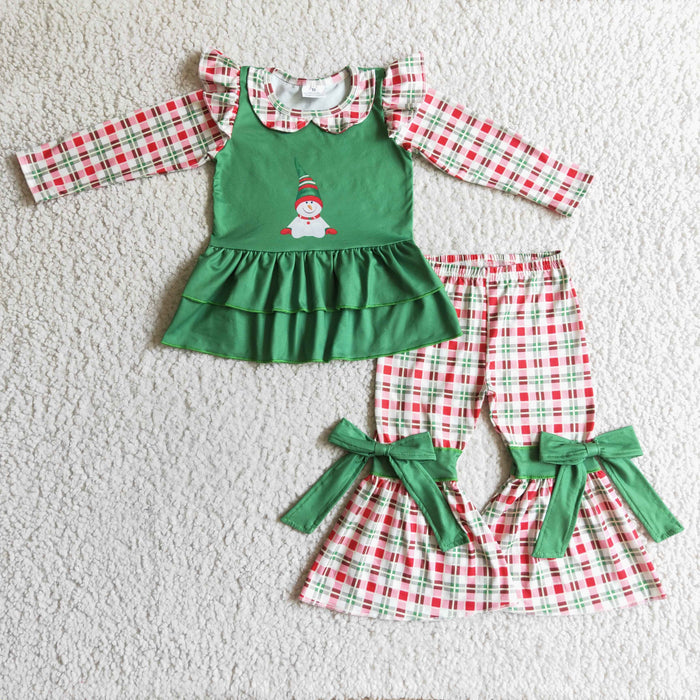 GLP0270 Snowman Checkered Print Ruffle Top Bell Pants Girls Christmas Clothes Set