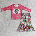 GLP0283 Green Frog Pink Top Bell Pants Girls Christmas Clothes Set