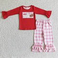 GLP0285 Santa Milk Cookies Red Top Pink Checkered Pants Girls Christmas Clothes Set